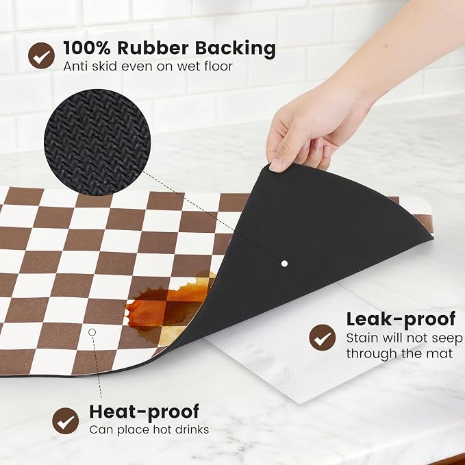 Checkered Dish Mat for Kitchen Coffee Station, 12" x 20"Coffee Brown | Quick Drying & Absorbent Mat for Coffee Bar Espresso Machine Countertops Accessories