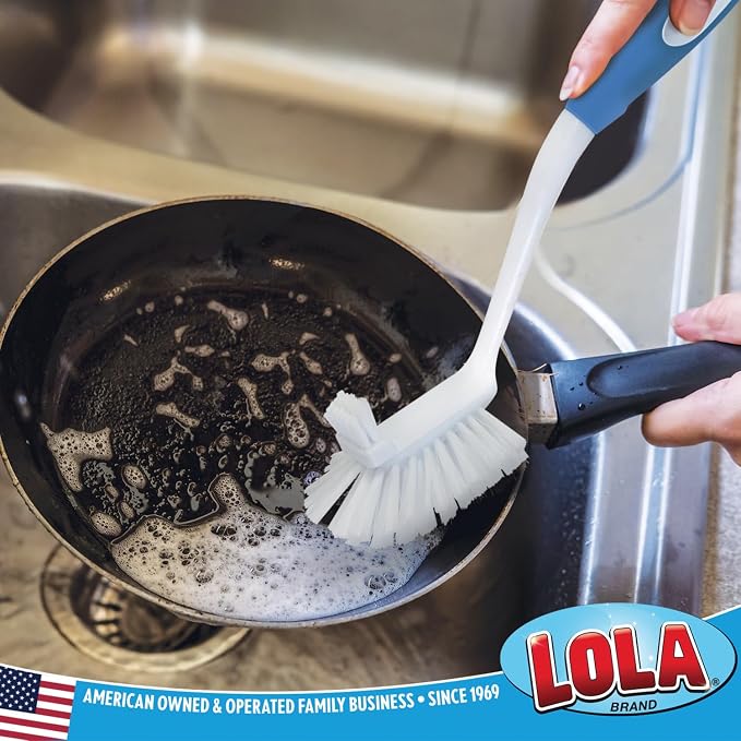 LOLA Pro Utility All Purpose Kitchen Cleaning Brush, 2 Pack, Durable Bristles, Comfort Ergonomic Rubber Non-Slip Grip, Built-in Food Scraper