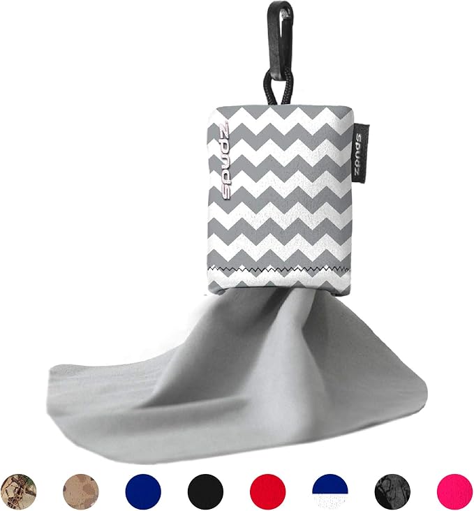 SPUDZ Classic Microfiber Lens Cleaner – Clip-On Pouch, Washable – for Binoculars, Scopes, Glasses, Screens | Classic | Gray Chevron, 10 x 10 Inch