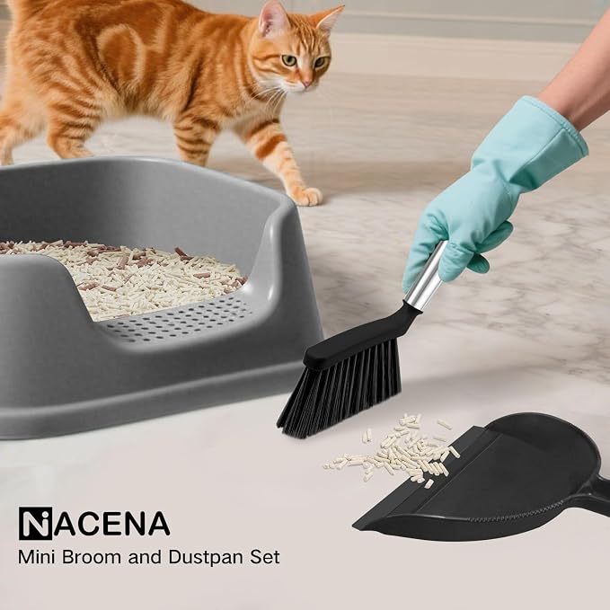NACENA Mini Broom and Dustpan Set, 2 Packs, Black | Small Dust Pan and Brush Set with Handle Dustpan Teeth for Cleaning Hair Suitable for Desks Sofas Pet Care Outdoor Camping