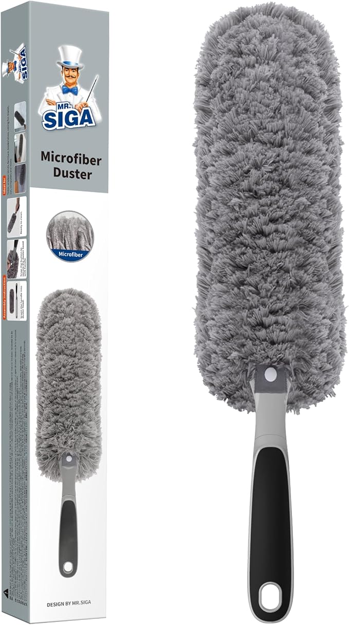 MR.SIGA Lint Free Microfiber Duster, Washable Duster for Household Cleaning | Microfibre hand duster, machine washable feather duster, dusters for cleaning, non slip handle, replaceable head