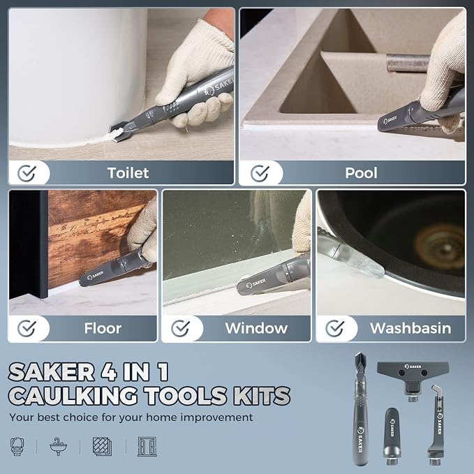 Saker Caulking Tool Kit-Aluminum 4 in 1 Sealant Finishing Tool Grout Remove Scraper Caulk Remover Glass Glue Angle Scraper for Bathroom,Kitchen,Floor,Window,Sink Joint,Frames Seal Silver