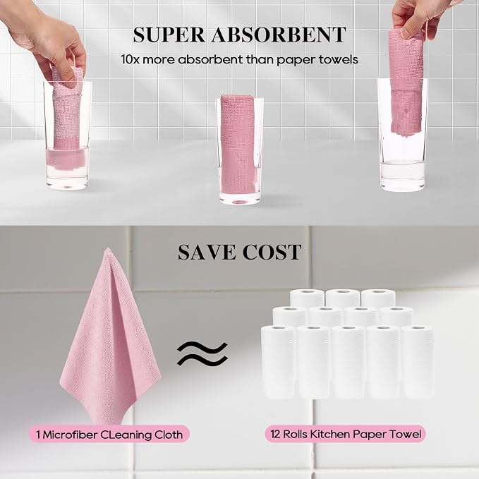 Microfiber Cleaning Cloth Roll 45 Pack, 12"×12", Reusable, Tear Away, Pink | Reusable Paper Towels，Tear Away, Highly Absorbent, Lint Free, All-Purpose Washable for Kitchen, Window, Car, Shop