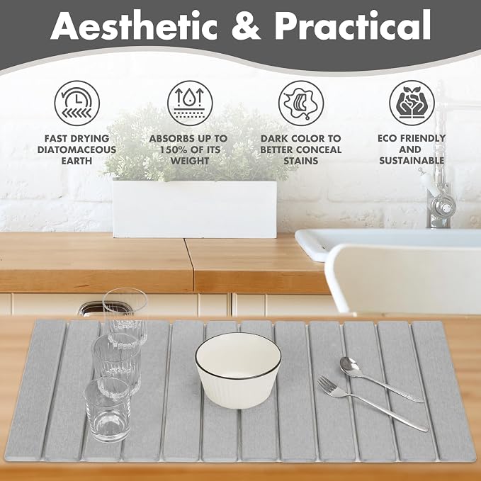 Extra Large Stone Dish Drying Mat for Kitchen Counter, 28"×16" Eco-friendly,Instant Drying Pad,Diatomaceous Earth Water Absorbing Mat, Foldable and Super Absorbent Dish Drying Stone Mat, Light Gray