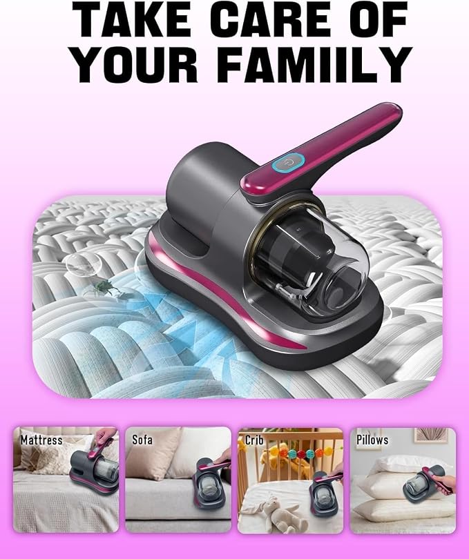 Cordless Mattress Vacuum Cleaner with UV Light Handheld Bed Vacuum with Ultrasonic & Heating Tech, 2 HEPA Filters, Strong Suction for Mattress, Sofa, Carpets, Pet Hair (Red)