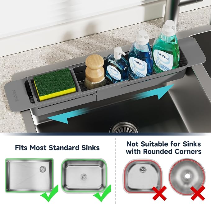 NiHome Extendable Sink Kitchen Organizer, Extra Long Telescopic Brush Storage Rack for Sponge, Non-Slip Pads Expandable Sink Caddy, Adjustable Brush Rack with Drainage Durable ABS (Dark Gray)