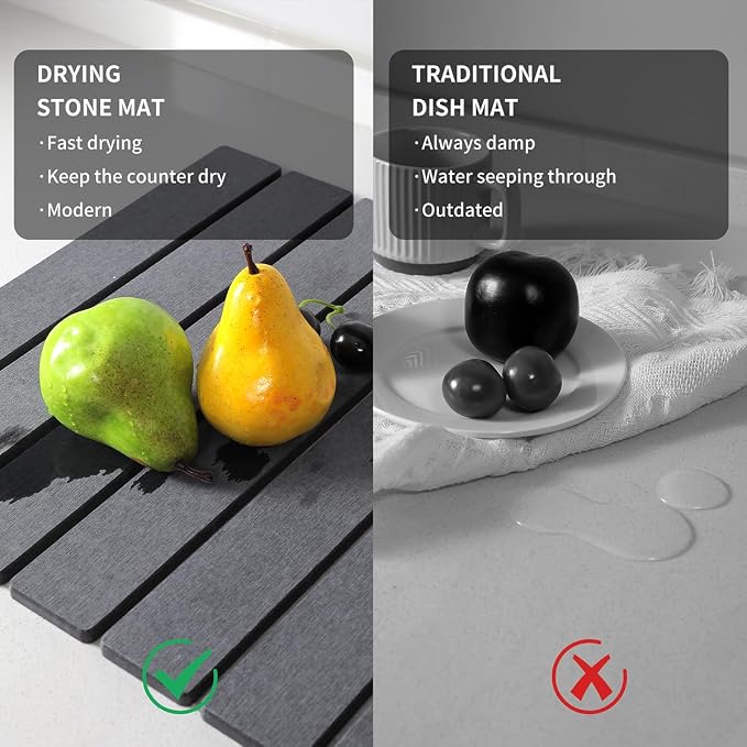 Diatomaceous Earth Stone Dish Drying Mat, 24 x 16 Inches Large | Fast-absorbing in 30s, Eco-friendly stone, foldable, heat-resistant, great for kitchen counter, cups, utensils, pet bowls