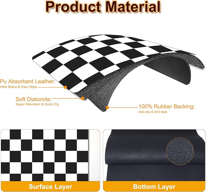 BLESWIN Dish Drying Mat for Kitchen, 15.7’’ X 17.7’’ Coffee Bar Mats for Countertop Fit Under Coffee Maker, Hide Stain Rubber Backed Espresso Machine Absorbent Drying Pad, Black & White