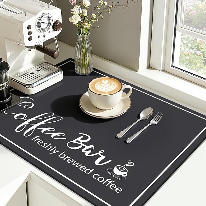 Findosom Dish Drying Mat, 18" x 24" Super Absorbent & Hide Stain Coffee Mat, Cuttable Drying Mat for Kitchen Counter, Coffee Bar Accessories, Under Dish Rack, Coffee Maker, Espresso Machine, Black