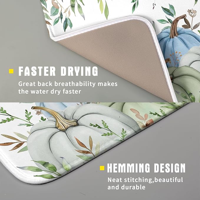 Giwawa Fall Blue Pumpkin Dish Drying Mat Autumn Harvest Dishes Pad 16"x18" Microfiber Quick Dry Dish Drainer Rack Mats Kitchen Counter Accessories