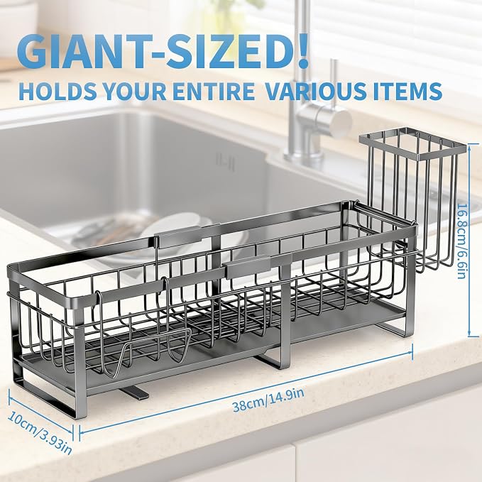 Aurblozen Extra Large Extendable Sponge Holder for Kitchen Sink, Rustproof Sink Caddy Organizer with High Brush Holder, Dish Soap Dispenser Organizers and Storage (Gray)