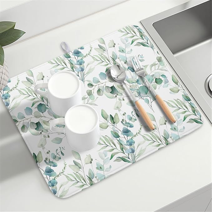 Sage Green Leaves Dish Drying Mats for Kitchen Counter 18x24 Inch, Leaves Kitchen Drying Mat,Watercolor Herbs Dishes Pad Dish Drainer Rack Mats Absorbent Fast Dry Kitchen Accessories