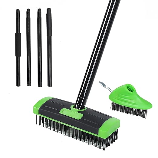 3 in 1 Scrub Brush with Long Handle – Your All-Purpose Deck Brush, Weeding Tool & Concrete Scrubber Tackle Patio Weeds, Floor Stains, Moss, and Rust with one Versatile Set. (Green)