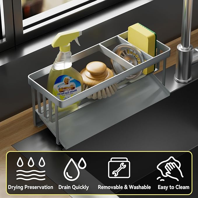 Kitchen Sink Caddy Organzier with Sponge Holder and Removable Drip Tray for Kitchen Sink, 304 Stainless Steel Organize for Sponge Soap Dish Brush Storage Accessories(Silver)