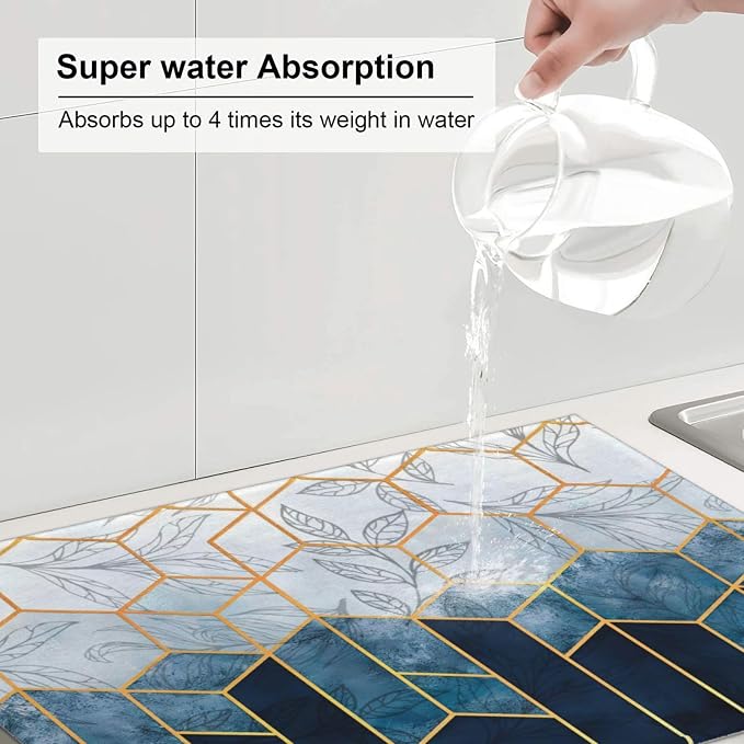 Blue Marble Texture Leaves Dish Drying Mat 18x24 For Kitchen Counter Absorbent Microfiber Dishes Pad Dish Drainer Rack Mats Fast Dry Kitchen Accessories