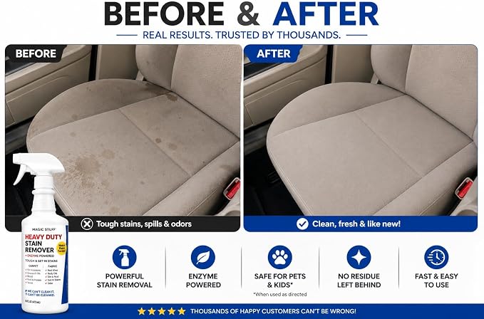 Magic Stuff Heavy Duty Stain Remover - Enzyme-Powered Carpet & Upholstery Cleaner - Eliminates Pet Urine, Odor, Wine, Coffee, Grease, and Deep Set Stains - No rinse, Odor Free, Kid & Pet Safe Formula