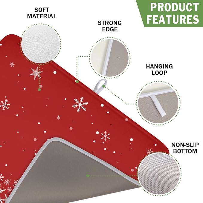 Christmas Dish Drying Mat for Kitchen Counter 16 x 18 Inch Xmas Snowflake Dish Drainer Mat Absorbent Microfiber Red Dish Rack Pad for Holiday Winter Coffee Dining Bar Decor