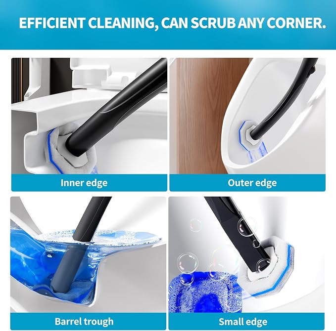 Disposable Toilet Brush with 50 Cleaner Refills Pads，Wall Mounted Toilet Bowl Holder Set，Toilet Cleaning System Starter Kit，Bathroom Cleaning System for Sink Bathtub Wash Basin