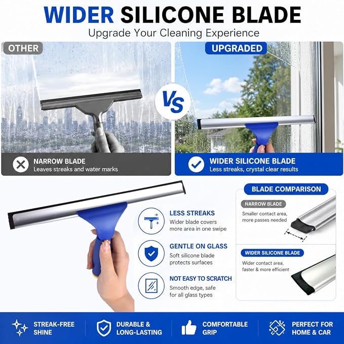 ITTAR Window Squeegee Cleaning Kit with 60" Extension Pole & Rotatable Head | 2 x 11" Microfiber Pads & 12" Rubber Blade Glass Washing Tool for High Window, Shower Doors, Car Windshields; Indoor, Outdoor
