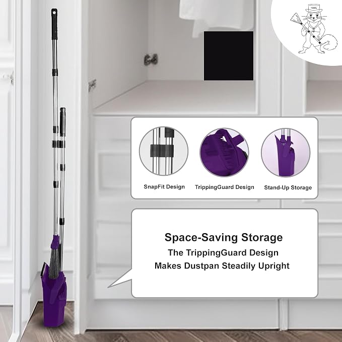 Broom and Dustpan Set for Home, 51" Long Handle Standing Dustpan Purple | Self-Cleaning Dust Pan and Brooms, ZeroGap Lip, Upright Storage Broom Combo for Kitchen Lobby Office Restaurant Indoor