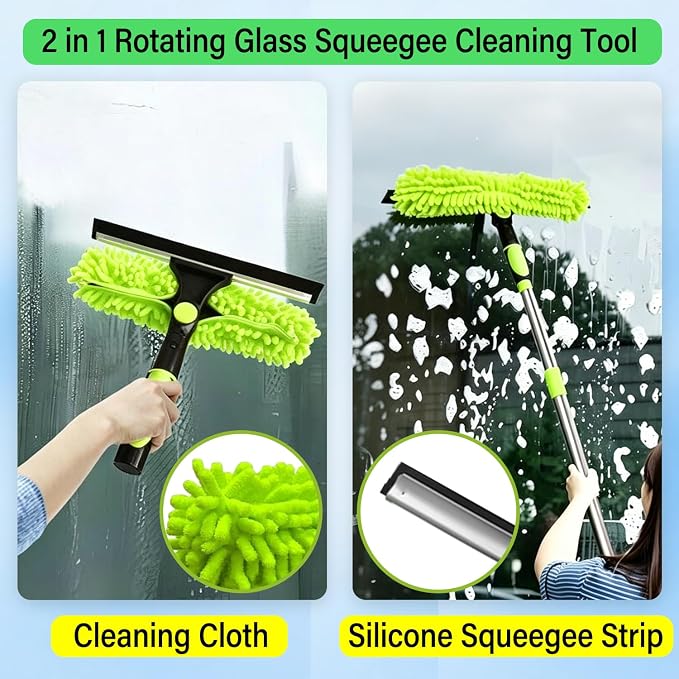 Window Squeegee Cleaner Tool, 67" 2-in-1 Rotatable Window Cleaning Kit with Stainless Steel Splicing Pole Streak Free Squeegee & Scrubber for Indoor Outdoor High Window Car Glass (Green)