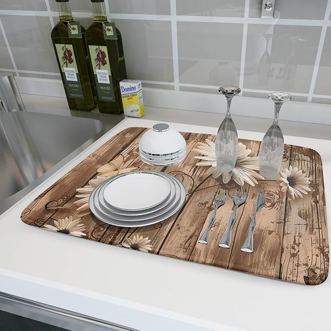 Summer Daisy Flowers Dish Drying Mat for Kitchen Counter 16x18in Rustic Wood Floral Kitchen Mat Daisy Microfiber Absorbent Dish Drainer Mat Fast Dry Kitchen Accessories Dishes Pad for Countertops