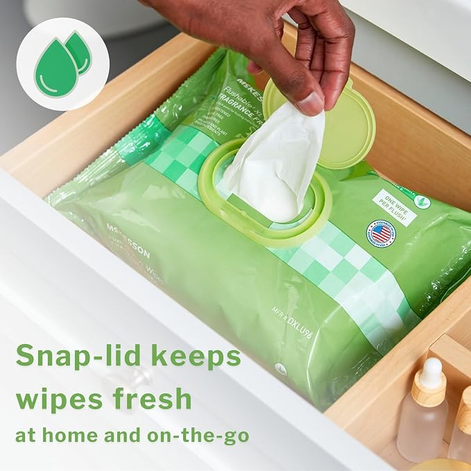 McKesson Flushable Adult Wet Wipes, Unscented, 576 Wipes (12 Pack of 48) | Plant-Based Cleansing Wipes, Unscented, Gentle on Skin, Plant-Based Adult Cleansing Wipes