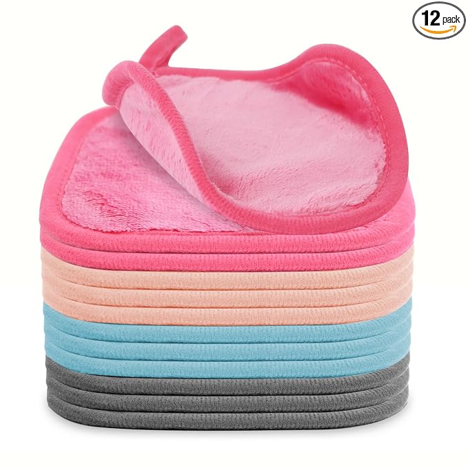 Puomue Makeup Remover Cloth 12 Pack, Ultra Soft and Reusable Microfiber Makeup Remover Towels for All Skin Types, Perfect Face Towels for Women, 6 Inch X 6 Inch, Multicolor