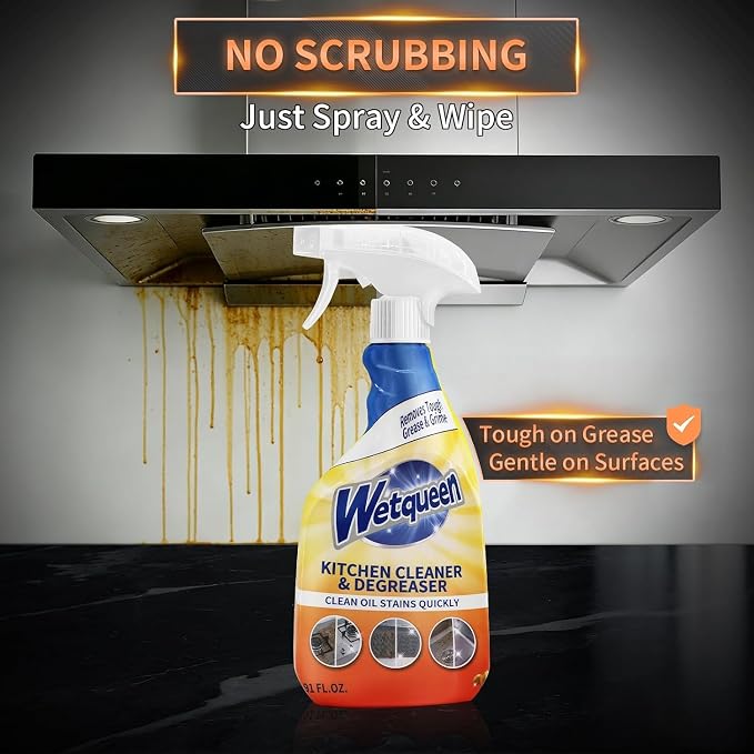 WETQUEEN All Purpose Cleaner Spray, Heavy Duty Kitchen Degreaser Foam & Stubborn Stain Remover for Kitchen, Household, Oven, Stove, Range Hood, Tiles, Dual-Spray Nozzle, Lemon Scent, 16.91 Fl Oz
