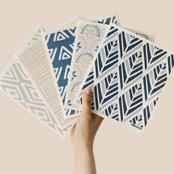 RECYCO Swedish Dishcloths for Kitchen | 5 Pack Boho Neutral Boho Washable Dish Rags | Cellulose Reusable Cleaning Paper Towels | Absorbent Counter Dish Cloth Sponge Kitchen Wipes, 8" L x 7" W