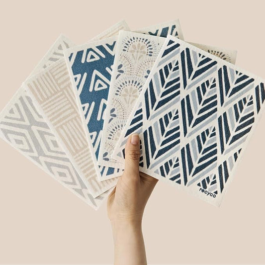 RECYCO Swedish Dishcloths for Kitchen | 5 Pack Boho Neutral Boho Washable Dish Rags | Cellulose Reusable Cleaning Paper Towels | Absorbent Counter Dish Cloth Sponge Kitchen Wipes, 8" L x 7" W