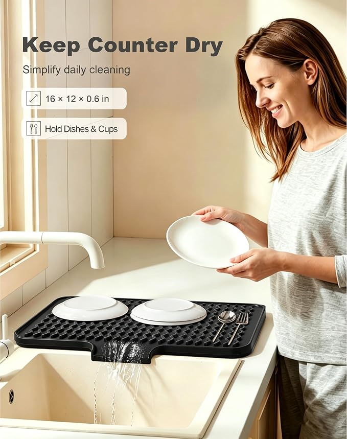 Rnivvi Silicone Dish Drying Mat for Kitchen Counter, 16 x 12" Drainer Pad with Drainage Spout, Heat Resistant Trivet Non-Slip Dish Rack Mats for Countertop Protection, Kitchen Bar Decor Pad, Black