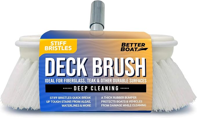 Stiff Boat Deck Brush, Heavy-Duty Marine Brush Head, 8" Firm Bristle with Bumper, 3/4" Thread Handle, for RV, Truck, and Auto Cleaning