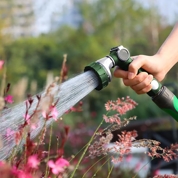 RESTMO Heavy Duty Hose Nozzle, Metal Garden Water Hose Sprayer | 7 Watering Patterns, Thumb Control, On Off Valve, Leak Proof Nozzle Sprayer for Watering Plants, Car & Pet Washing, Green