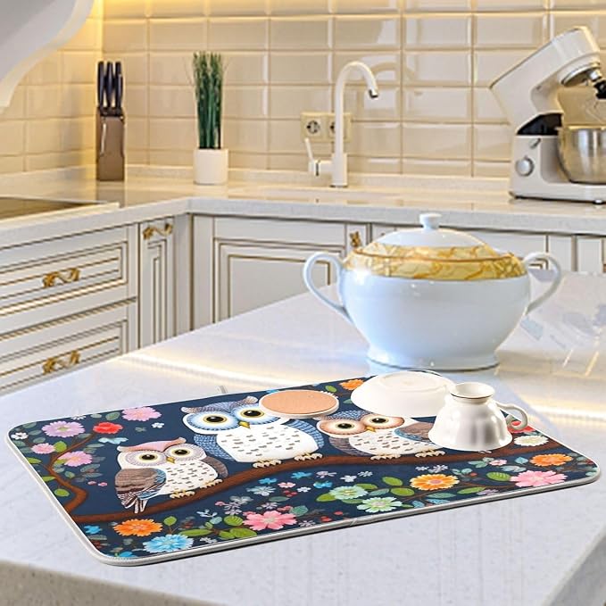 Dish Drying Mat Kitchen Counter Absorbent Three Owls Coffee Sink Mat Dish Drainer Pad 18 Inch x 24 Inch