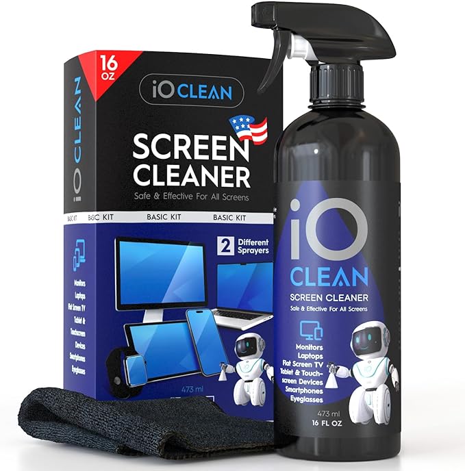 iO CLEAN Screen Cleaner Spray (16oz - 473ml) – Best Large Cleaning Kit | for LCD, LED & OLED TV, Smartphone, iPad, Laptop, Touchscreen, Computer Monitor, Microfiber Cloth Wipes & 2 Nozzles