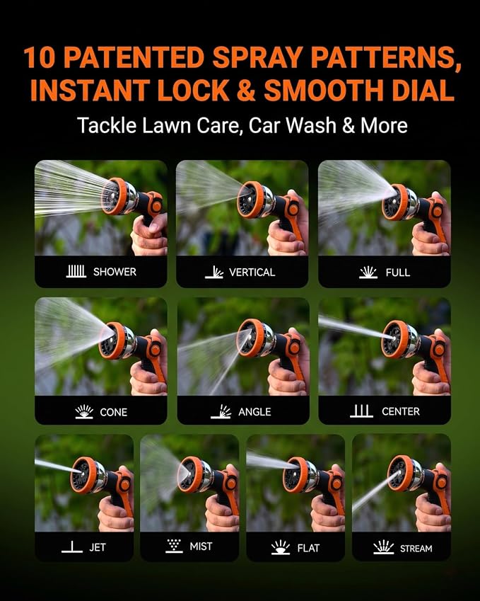 Garden Hose Nozzle Heavy Duty, Metal Water Hose Sprayer with 10 Adjustable Spray Patterns, Thumb Control On Off Valve, High Pressure Hose Nozzle for Watering, Car Washing & Pet Shower - Orange