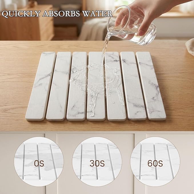 Large Stone Dish Drying Mats for Kitchen Counter 16"(L)×12"(W) Foldable Quick Dry Stone Dish Drying Mats Kitchen Absorbent Diatomaceous Earth Drying Stone Mat for Dishes Bottles Cups Marble White