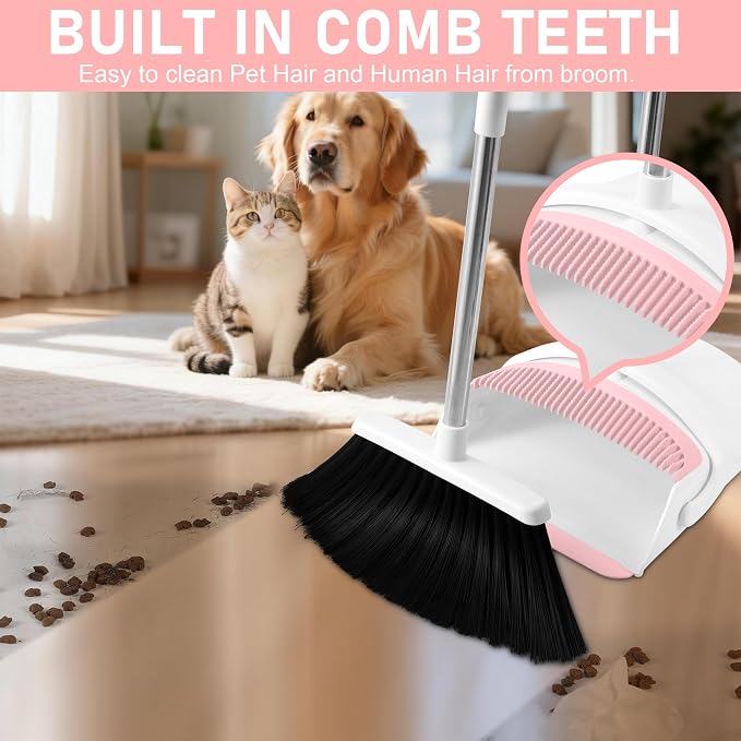 Broom with Dustpan Combo Set for Home, 52-in Long Adjustable Handle Angle Broom and Dustpan Set with Dustpan Comb Teeth for Sweeping Pet Hair Food Dirt Kitchen (White-Pink)