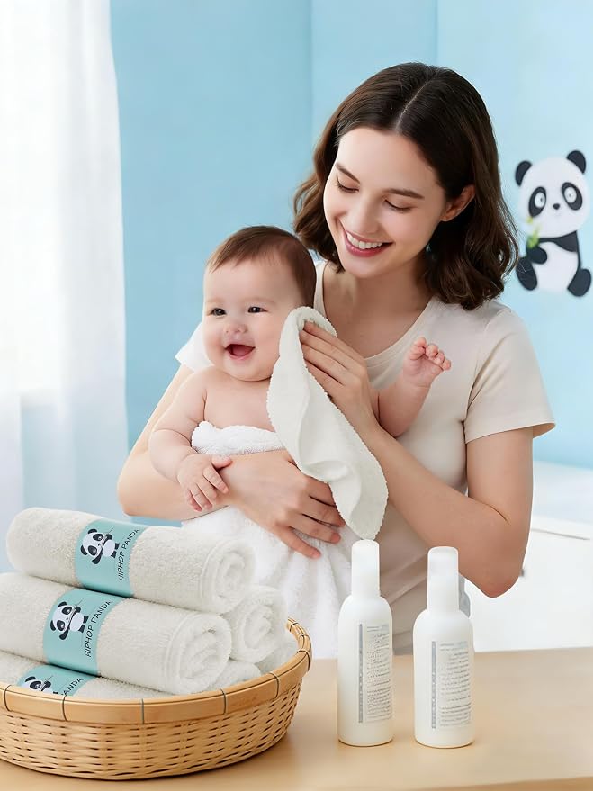 HIPHOP PANDA Baby Washcloths, Rayon Made from Bamboo - 2 Layer Ultra Soft Absorbent Newborn Bath Face Towel - Reusable Baby Wipes for Delicate Skin - Ivory, 6 Pack