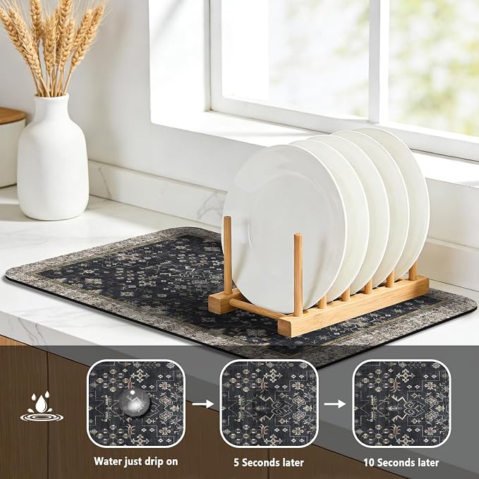 Dish Drying Mat, Vintage Rustic Boho Kitchen Dishes Absorbent Pad, 18x24in | Eco-friendly diatomite with non-slip rubber backing. Super absorbent mat for kitchen counters, coffee bars & sinks