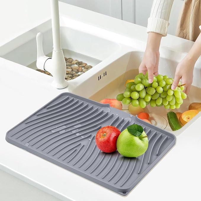 TIKNIK Silicone Dish Drying Mat for Kitchen Counter - Heat Resistant & Non-Slip Dish Drain Pad with Built-In Drain, Dishwasher Safe, Quick-Dry, Hangable & Roll-Up for Storage, Grey-1pcs, 16" x 12"