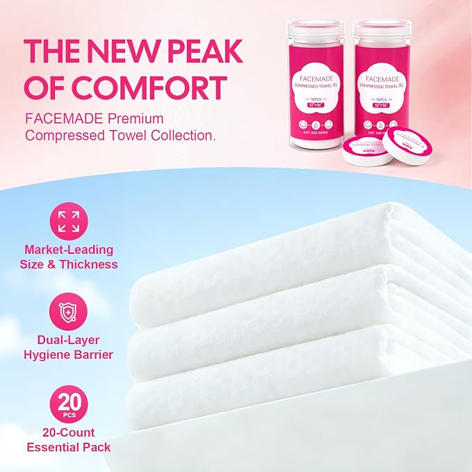 FACEMADE Premium Compressed Towels 12"×16", Luxurious Thick Disposable Face Towel, Portable Disposable Washcloths with 2 Waterproof Bottle, Travel Towel for Bussiness Trip, Outdoors & Daily Use