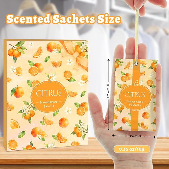 STRN Scented Sachets for Drawer and Closet, Citrus Scent 14 Packs for Home | Long-Lasting Sachets, Small Space Air Freshener for Wardrobes