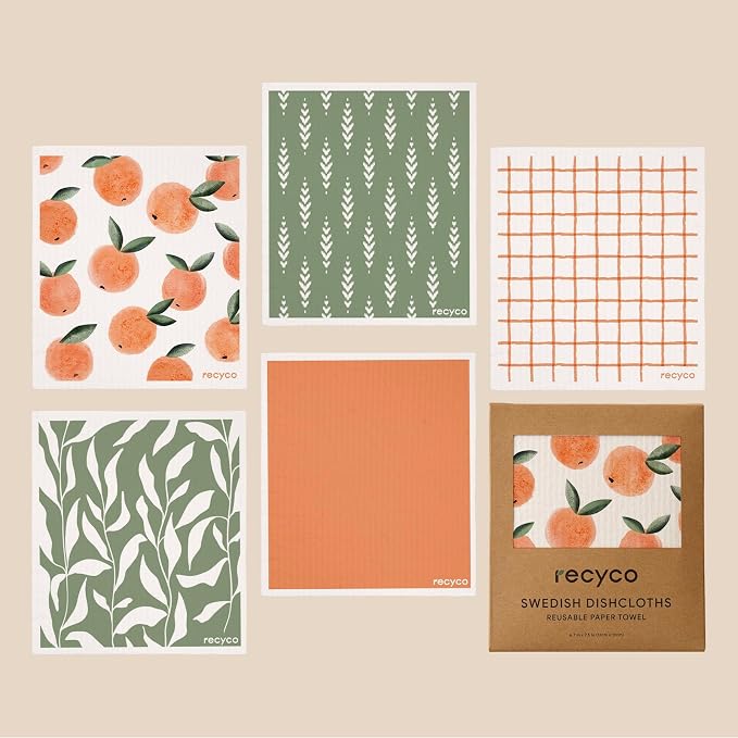 RECYCO Swedish Dishcloths for Kitchen | 5 Pack Peachy Leaves Washable Dish Rags | Cellulose Reusable Cleaning Paper Towels | Absorbent Counter Dish Cloth Sponge Kitchen Wipes, 8" L x 7" W