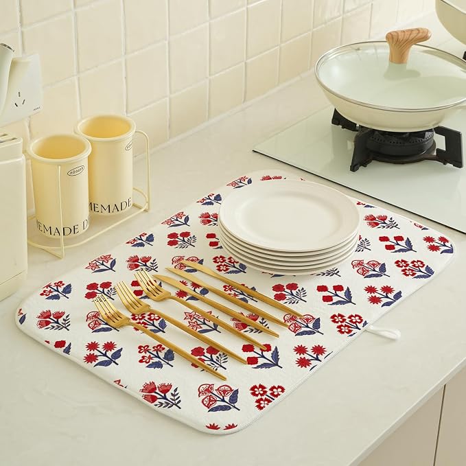 Red Blue Dish Drying Mat 18x24 Inch Vintage Boho Block Print Floral Drying Mat 4th of July Patriotic Flower Seasonal Absorbent Dish Drying Pad Dish Rack Drainer Mats for Kitchen Dining Counter