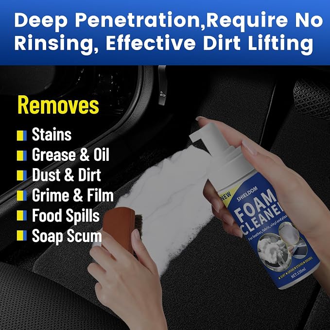 SHIELDOM Car Interior Foam Cleaner Multifunctional Car Seat Cleaner Powerful Carpet Upholstery Stain Remover Kit with Detailing Brush & Towel Safe for Cloth, Leather, Fabric, Vinyl & Plastic 5oz