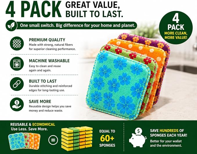 Reusable Dish Scrubbers (4 Pack) – Odor-Free Sponge Alternative, Non-Scratch Kitchen Scrubber for Dishes, Pots & Pans – Long-Lasting, Eco-Friendly Cleaning Pads