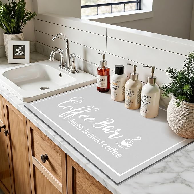 Findosom Dish Drying Mat, 12"x 20" Super Absorbent & Hide Stain Coffee Mat, Cuttable Drying Mat for Kitchen Counter, Coffee Bar Accessories, Under Dish Rack, Coffee Maker, Espresso Machine, LightGrey