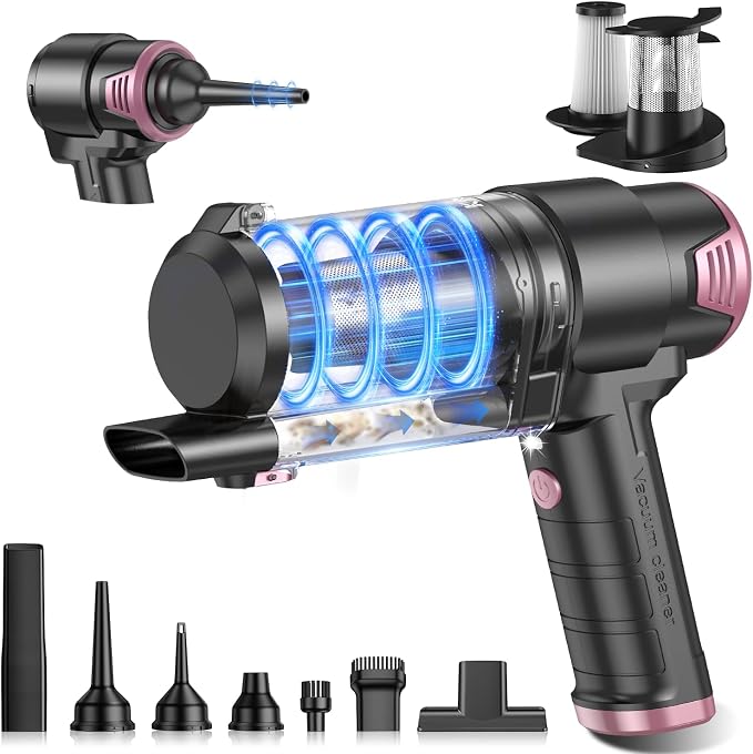 KMM Handheld Car Vacuum Cleaner, Hand Held Car Vacuum & Air Duster | 16000PA Strong Suction, 120W High Power, Cordless, Portable, Rechargeable, Multi-Nozzles & LED Light, For Home, Car, Office